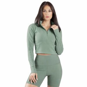 90 Degree by Reflex Sage Green Ribbed Active Set —Quarter Zip + Bike Shorts (L)💚